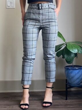 Aritzia Babaton Plaid White Black High-Waist Cropped Trousers with Belt